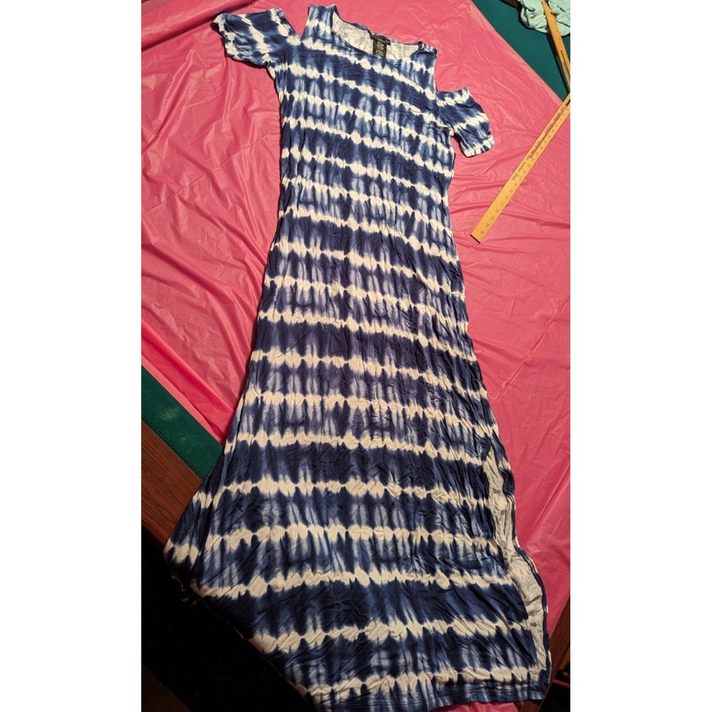 Design History‎ missy L blue white tie dye long HUDSON navy cold shoulder dress